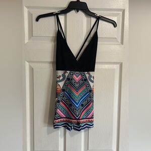 Black & Multicolor V-Neck Women's Romper 14 inch Waist